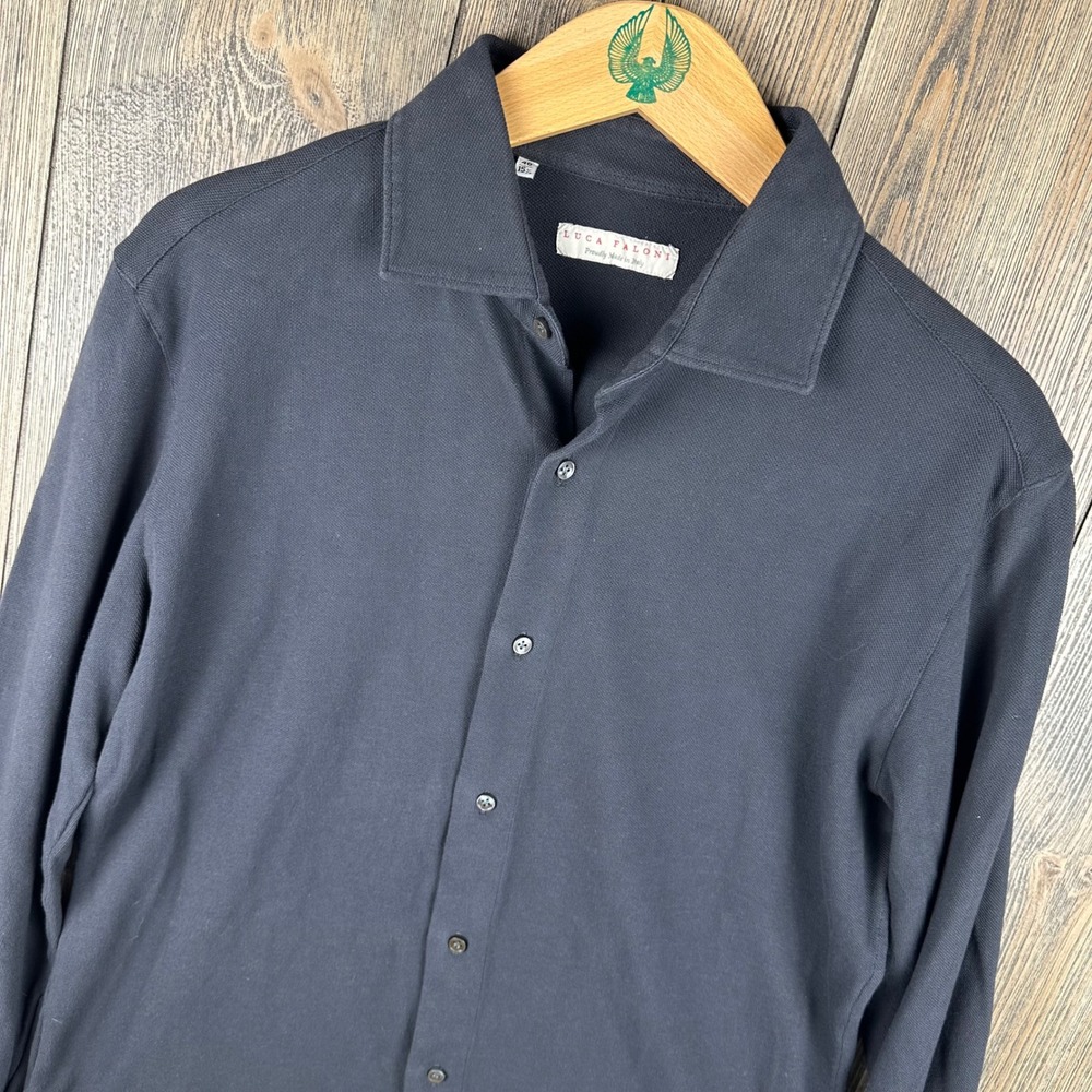 Luca Faloni Siena Piquet Button Up Shirt Men 40 15.75 Black Cotton Made in Italy
